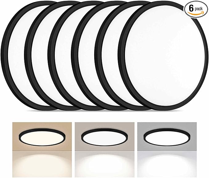 6 Pack LED Flush Mount Ceiling Light, 24W Ultra Thin Round White Lamp 3000K/4000K/6500K 3 Color Temperatures Adjusted 12 Inch Modern Ceiling Lights, Black