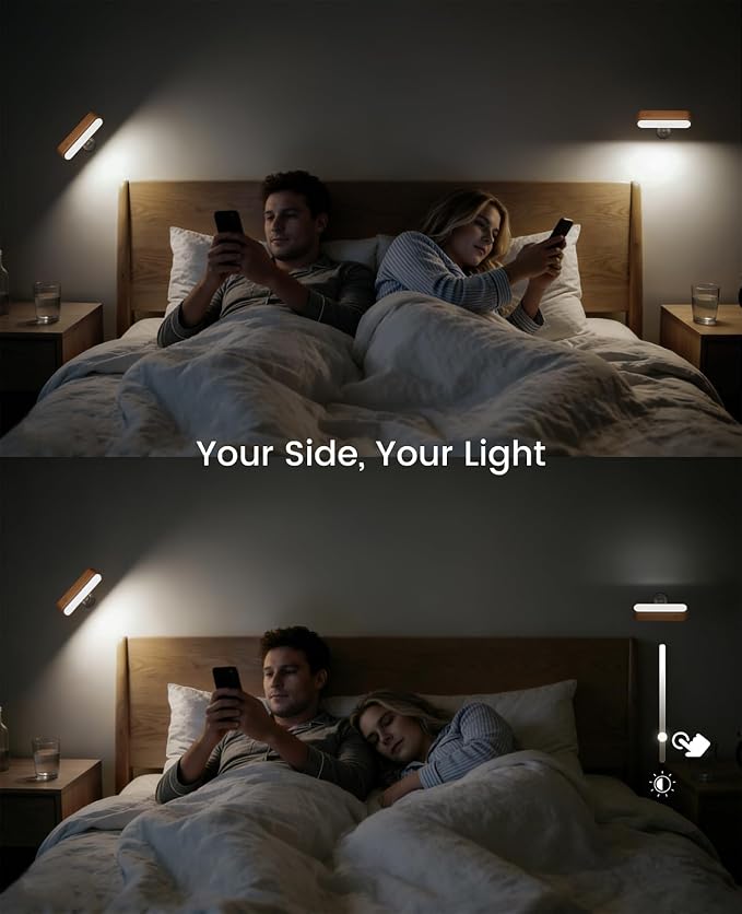 2Pack Battery Operated Wall Sconce, Wood Magnetic 360° Rotation | Bedside Reading, 360° Rotation, Stepless Dimming, 4000K Natural Light, Magnetic Installation for Bedroom Wall Lamps