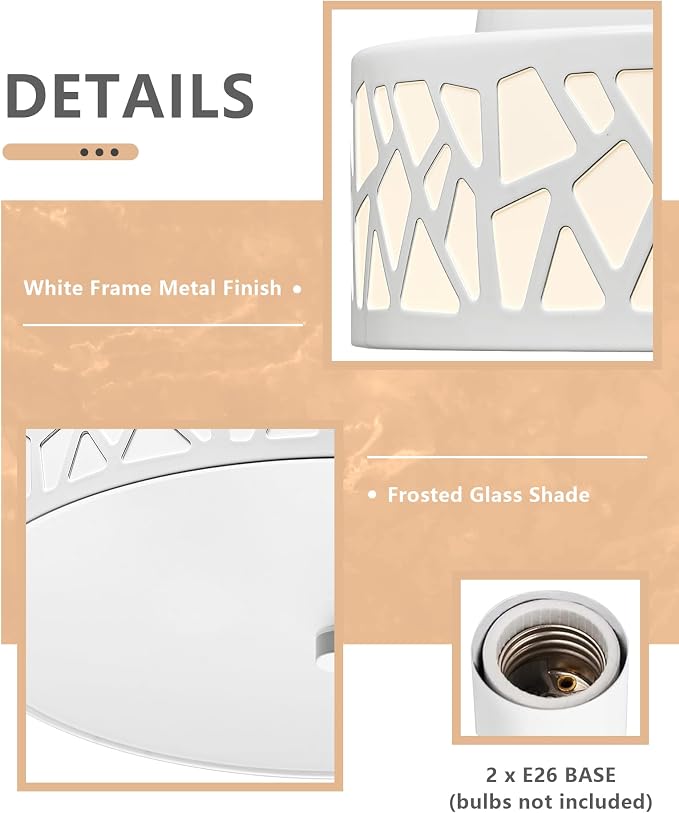 2-Light Flush Mount Ceiling Light, 12 Inch Modern Light Fixtures | Ceiling Mount with White Metal and Frosted Glass Shade for Bedroom,Hallway, Kitchen