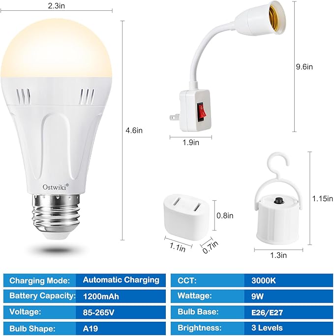 10 Pack A19 Rechargeable Bulbs for Lamps Emergency Light Bulbs for Power Outage Hurricane Blizzard, E26 9W 3000K Warm Battery Backup LED Light Bulbs for Outdoor Camping Hiking