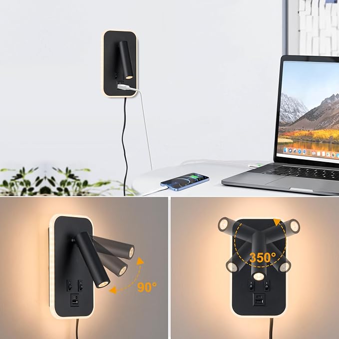 Bed Reading Light, Wall Mounted Reading Fixture with USB C+A Ports, Adjustable Headboard Sconces, Plug-in or Hardwired Bedside Lamp, Modern Black 10W+3W 3000K Warm Ambient lighting for Bedroom