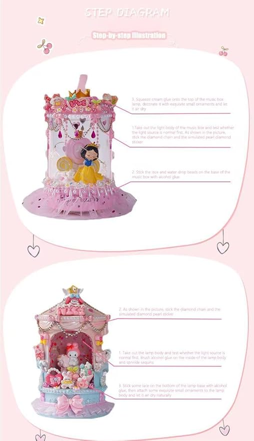 Disne Princess Rotating Music Box, Suitable as an Anniversary, Christmas, or Birthday Gift for Girls, Moms, Friends, and Daughters. This Cartoon Rotating Music Box Comes with Lights. (Pink Princess)