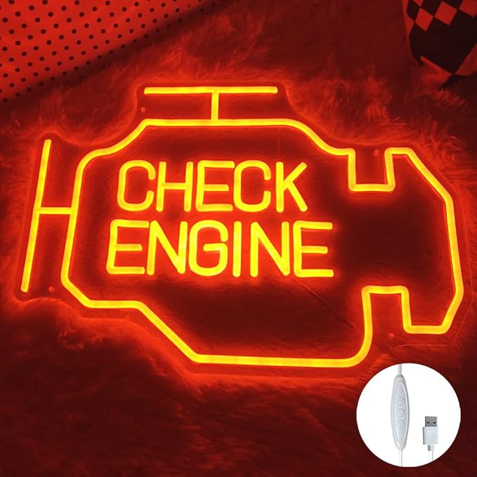 Large Neon Sign, Check Engine Light Neon Signs for Wall Decor (19x14in) | LED Neon Sign for Auto Repair Shop Garage Room Man Cave with Dimmable Switch, USB Powered, Auto Repair Shop Workshop