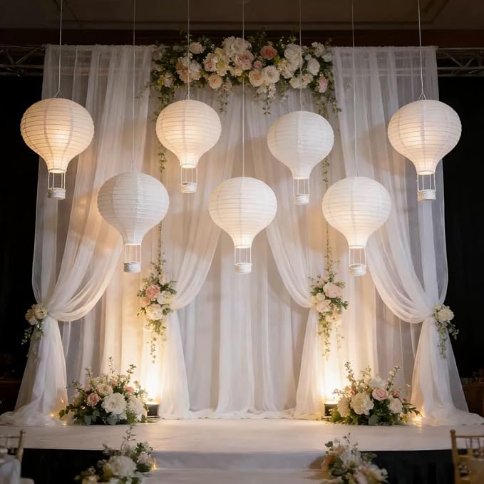 (6 Packs) 12-Inch White Paper Lanterns Decorative Chinese/Japanese Hanging Round Paper Lanterns Lamp for Birthday, Wedding, Christmas Xmas, Bridal, Home Decor, Party Decoration (hot air balloon)