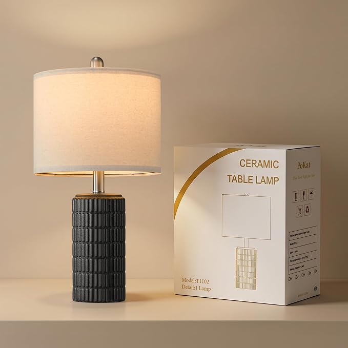 PoKat 21'' Black Table Lamp with Gift Box, Small for Bedroom, Stone-Like | Farmhouse Bedside Lamp for Nightstands, Matte-Textured Ceramic Design, Ideal Gift, Modern Home Decor for Living Room Hallway