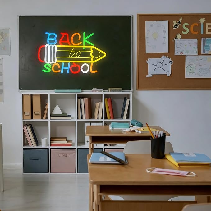 Back To School Neon Sign for Wall Decor, Pencil LED Sign Classroom Dimmable Neon Light Up Sign for Back To School Decorations Nursery Study Area Library Office 5V USB 13.8"x8.7"