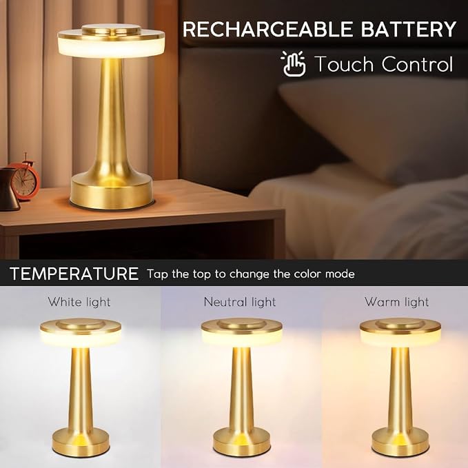 JHPGEOE Cordless Metal Desk Lamp, Touch Sensor Control LED Table Lamp,3 Color Stepless Dimmable Battery Powered Lamp for Living Room, Dorm, Home Office (Gold)