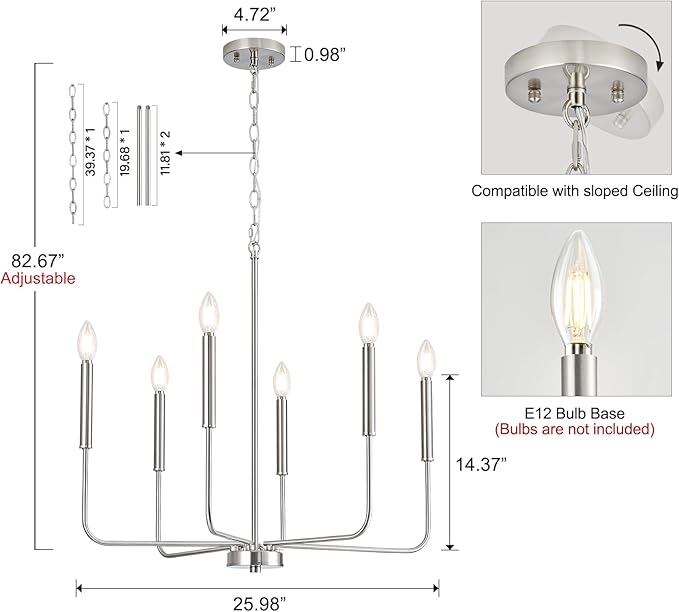 Modern Brushed Nickel Chandelier for Dining Room, Metal 6-Light Kitchen Light Fixtures, Farmhouse Candle Hanging Pendant Light for Living Room Entryway Foyer Bedroom (Bulbs Not Included)