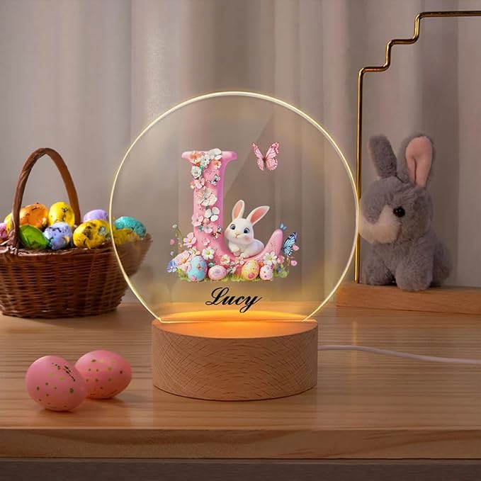 Personalized Pink Bunny Easter Egg 3D Initial LED Night Light with Name & Wooden, Base Room Decor, Birthday Party Easter Gift