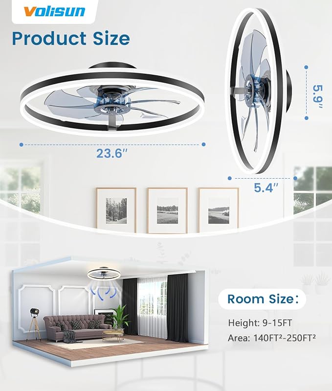 VOLISUN Low Profile Ceiling Fans with Lights and Remote, 24in Flush Mount Ceiling Fans with Light, 3000K-6500K Dimmable Fandelier LED Fan Light, Black Bladeless Ceiling Fans with Lights for Bedroom