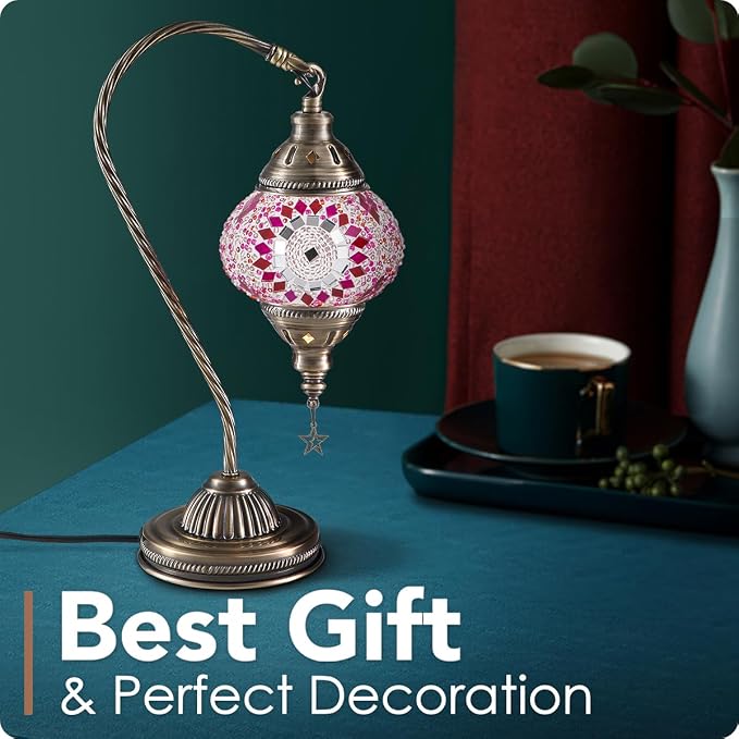 Yarra-Decor Turkish Moroccan Lamp with Bronze Base 3 Color Options Handmade Swan Neck Mosaic Glass Bedside Lamps for Bedroom (LED Bulb Included)(Red1)