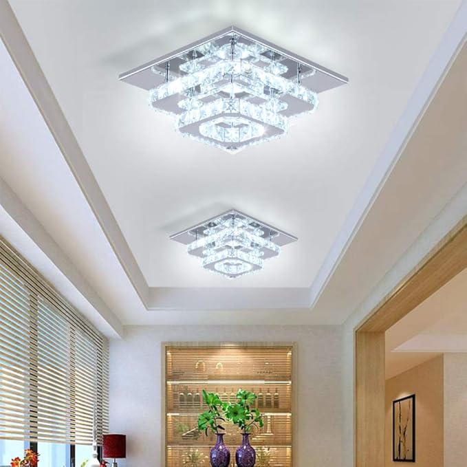 Mini Chandelier LED Crystal Ceiling Light 2 Layers Flush Mount Ceiling Light Modern Chandelier Lighting for Hallway Staircase Kitchen Bathroom (Multicolor,Control by Switch)