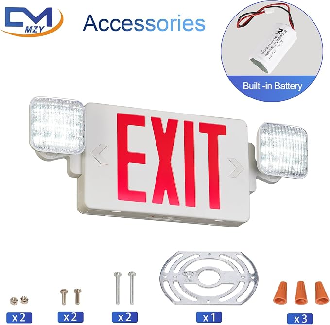 Red LED Exit Sign Emergency Light Combo, UL Listed Battery Backup | UL-listed commercial fire exit sign features 90-min battery backup, 360° rotating dual heads, and easy dual-mount setup.