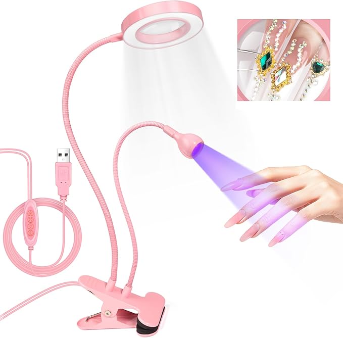 AORAEM LED UV Nail Lamp: Double-Headed Gooseneck U V Lamp for Gel Nails, LED Flash Cure Light with 6X Magnifier Home DIY Salon, Pink