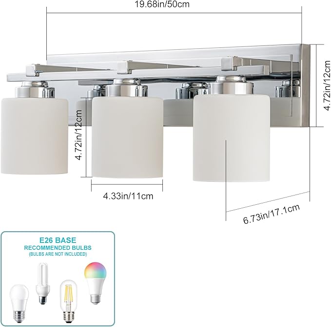 Modern Bathroom Light Fixtures Over Mirror, Vanity Lights for Bathroom Wall Sconces with Milky White Glass Shades, E26 Socket (Bulbs Not Included), 3 Light, Chrome