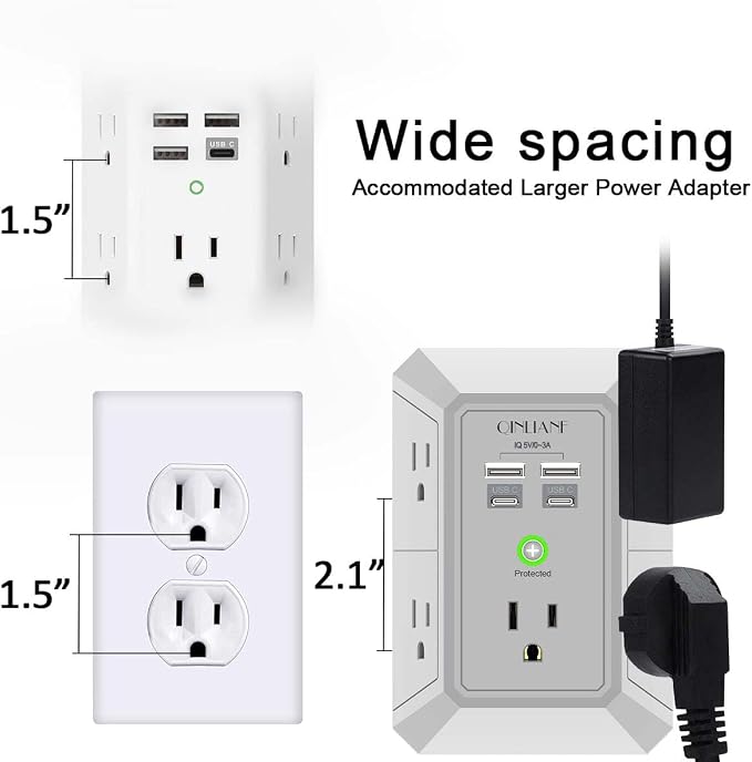 USB Wall Charger, Surge Protector, QINLIANF 5 Outlet Extender with 4 USB Charging Ports(2U2C) 3-Sided 1680J Power Strip Multi Plug Outlets Wall Adapter Spaced for Home Travel Office, Grey