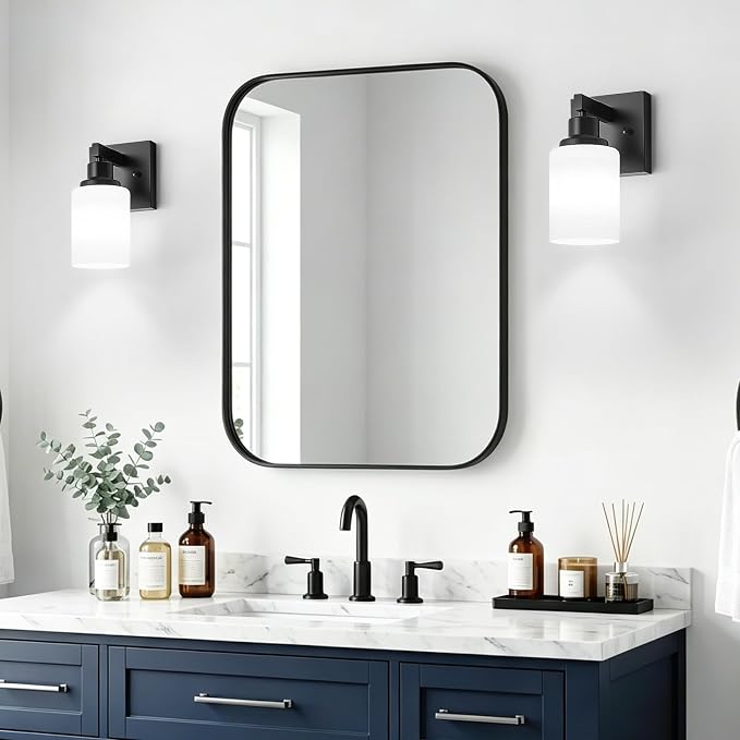 Set of 2 Wall Sconces for Bathroom, Black 1 Light Bathroom Vanity Light,Modern Wall Sconces Indoor with White Glass Shades,Farmhouse Wall Lamp for Bedroom Living Room Mirror Hallway