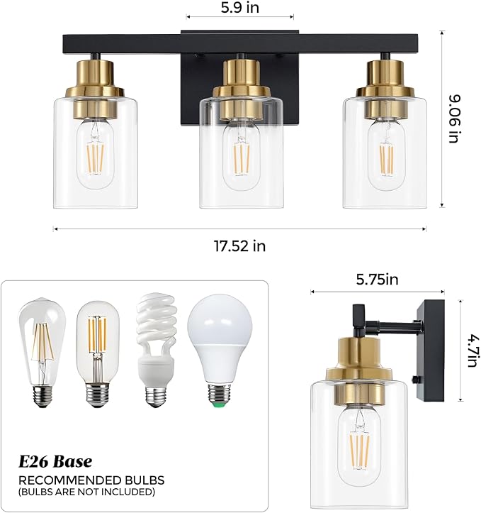 3-Light Bathroom Light Fixtures,Black and Gold Vanity Lights 17" | Modern Wall Sconce Lighting,Vanity Light Over Mirror with Clear Glass Shade,Farmhous Wall Mounted for Bathroom,E26 Base