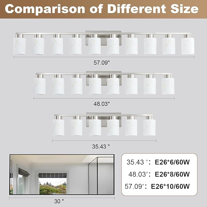 6-Light Bathroom Light Fixtures, Modern Vanity Lights, Brushed Nickel Metal Wall Lamp with White Marble Glass for Bathroom, Mirror, Living Room, Bedroom, Cabinet, Porch, Hallway, E26 Base