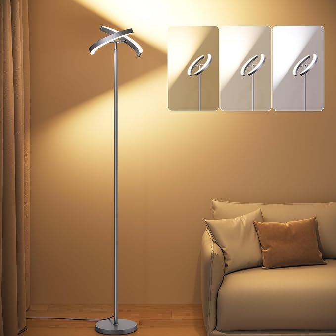 SUNMORY Floor Lamp for Living Room, 28W Bright LED Lamp with Remote Control | 1600lm Dimmable Rotatable Standing Light, 74" Tall Modern Reading Torchiere Uplighter for Bedroom Office Corner, Gray