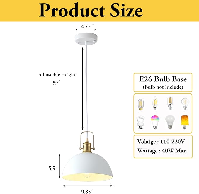 Modern Pendant Lights, 9.84" White Gold Metal Ceiling Hanging Light, Pendant Lighting for Kitchen Living Dining Room Restaurant Hallway Entrance