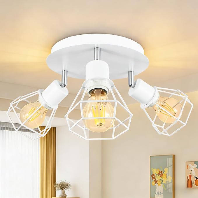 HiBay 3-Light Ceiling Track Lighting Fxiture White, Modern Spotlight, E26 | Rotatable 3 heads with farmhouse metal cage shade for kitchen bedroom dining room, bulb not included