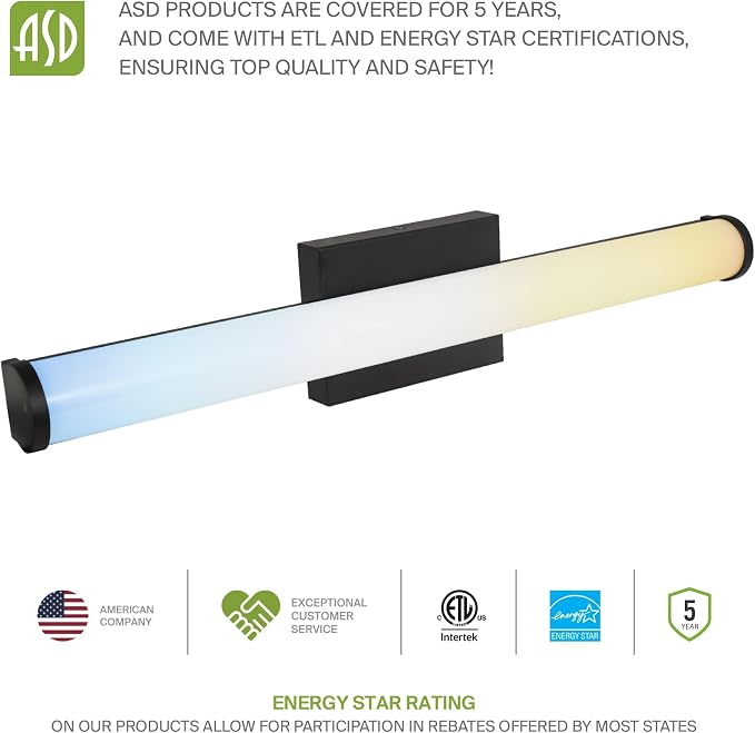 ASD 18" LED Linear Vanity Light Fixture, Modern Bathroom Sconce — 3 Color 3000K-5000K, Dimmable, 20W 1800LM, Energy Star & ETL Listed — Over Mirror Makeup Slim Bar for Bedroom, Cabinets — Black
