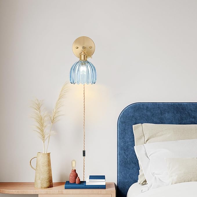 Plug in Wall Sconces Set of 2, Vintage Wall Sconce Light with Tulip Denim Blue Glass Lampshade, Bedroom Wall Sconce with Switch and Plug in wall lamp Cord, Gold Wall Light Wall Decor Set of 2