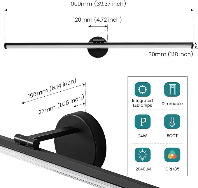 KAISITE Black Vanity Light 39 Inch Modern Bathroom Light Fixture Over Mirror 24W Dimmable 5CCT LED Vanity Light for Bathroom Restroom Farmhouse Rotatable Bath Vanity Light Bar
