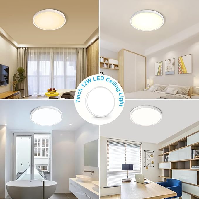 inShareplus 7inch LED Ceiling Light Fixture, White 12W(120W Equiv) 5000K Daylight White Flush Mount Ceiling Lights, Super Bright, Ultra-Thin, 1500LM Ceiling Lamp for Bedroom, Kitchen, Office, Hallway