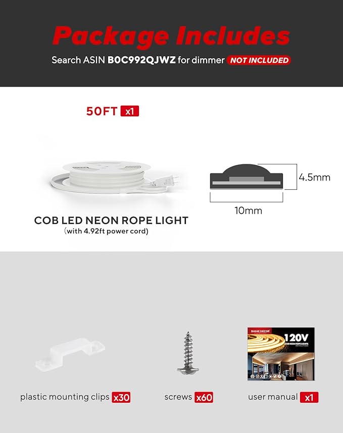 Shine Decor COB LED Rope Light AC 120V, 800lm Ultra Bright, IP65 Waterproof Cold-Resistant ETL Neon Strip, No Driver Tape Lighting for Home Commercial 10x4.5mm, Blue, 50ft