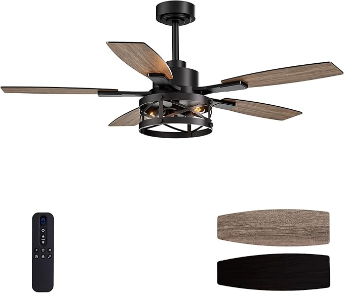 50 Inch Ceiling Fans with Lights and Remote & APP Control, Farmhouse Ceiling Fan with LED Lighting for Bedroom Living Room and Patio, Black Caged Ceiling Fan for Indoor and Outdoor(NO BULBS）