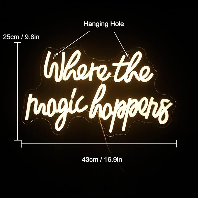 Where The Magic Happens Neon Sign Led Warm White Word Light Up Signs for Wall Decor Usb Powered Letter Neon Light Signs Indoor Light for Bedroom Salon Decor Wedding Birthday Party Bar