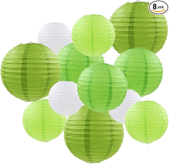 Green Paper Lanterns 12 Pcs Assorted Size of 6" 8" 10" 12" Chinese Round Paper Hanging Decorations Ball Lanterns Lamps for Home Decorations, Parties, and Weddings