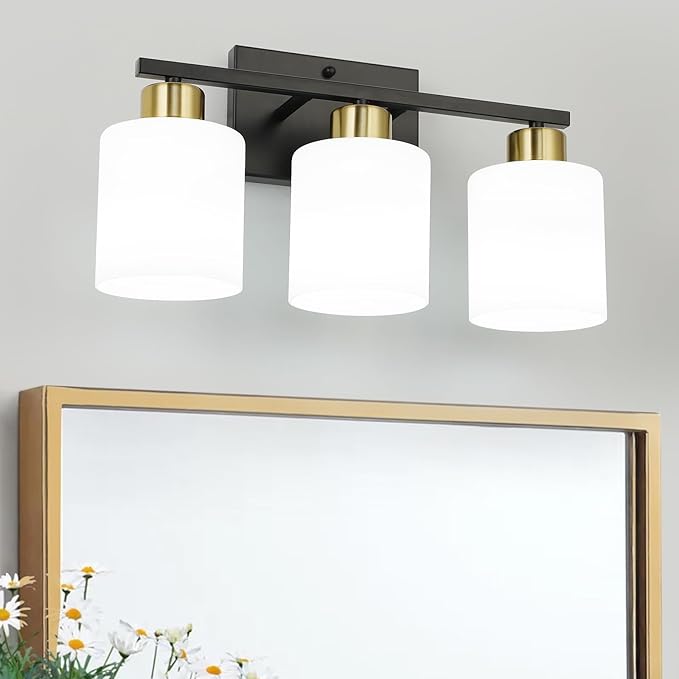 WILON Bathroom Light Fixtures Over Mirror, 3 Light Black and Gold Vanity Light, Wall Sconces with White Milky Glass Lamp Shades,E26 Bathroom Vanity Light (Bulbs Not Included)