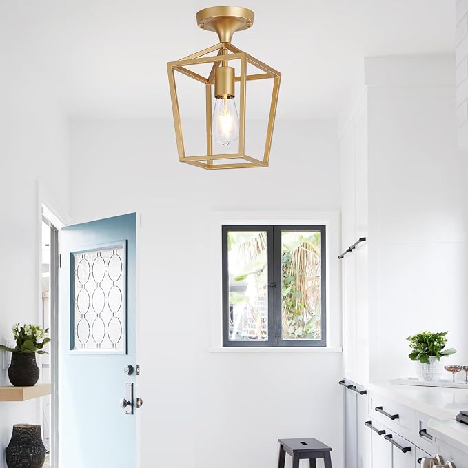 【Upgraded】Semi Flush Mount Ceiling Light,Gold Industrial Ceiling Light Fixtures, Farmhouse Light Fixture for Hallway Stairway Garage Living Room Dining Room Balcony（Not waterproof, Not for Outdoor）