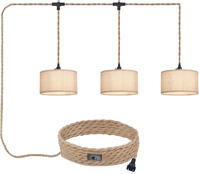 3 Light Plug in Pendant Lights Fabric Hanging Lamp Kit with Switch 22 Ft Long Hemp Rope Farmhouse Pndant Light Cord Lighting Fixture DIY Hanging Light