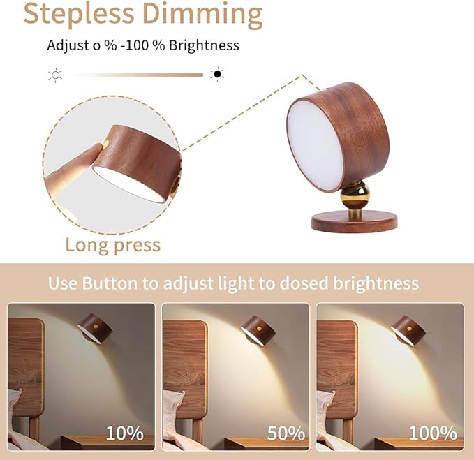 LANDGOO Sapele Wood Wall Sconces Bedside Lamp 2 Pack - Rechargeable Magnetic 360° Dimmable Lights for Hallway & Walk-in Closet (Cordless No Wiring Needed)