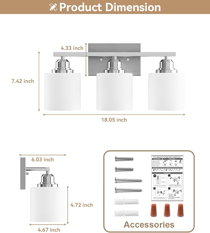 Bathroom Light Fixtures Over Mirror, 3-Light Vanity Lights Brushed Nickel, Modern Bathroom Vanity Light, Glass Shade & Anti-Rust Nickel Finished, Bathroom Light for Small Space