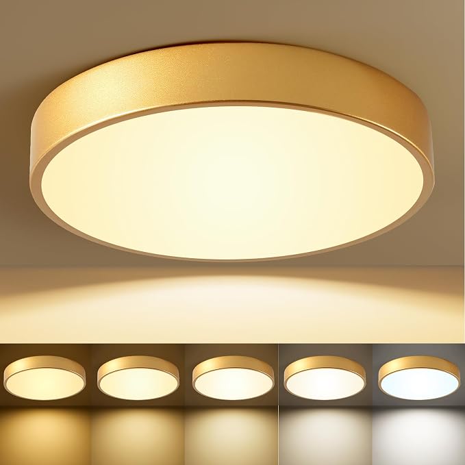 HLightnet Flush Mount Ceiling Light Gold LED Dimmable 5CCT 12 Inch 24W | 2700K, 3000K, 3500K, 4000K, 5000K, Iron Construction, IP40, For Bathroom, Bedroom, Kitchen, Entryway, Closet & Hallway, ETL