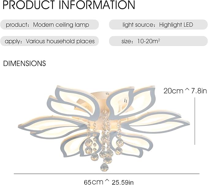 Garwarm 26" Modern LED Ceiling Light Fixture, Dimmable Crystal Flush Mount | Flower Ceiling Light with Remote Control, Adjustable Color Temperature 3000K-6500K, Crystal LED Lamp for Bedroom Living Room