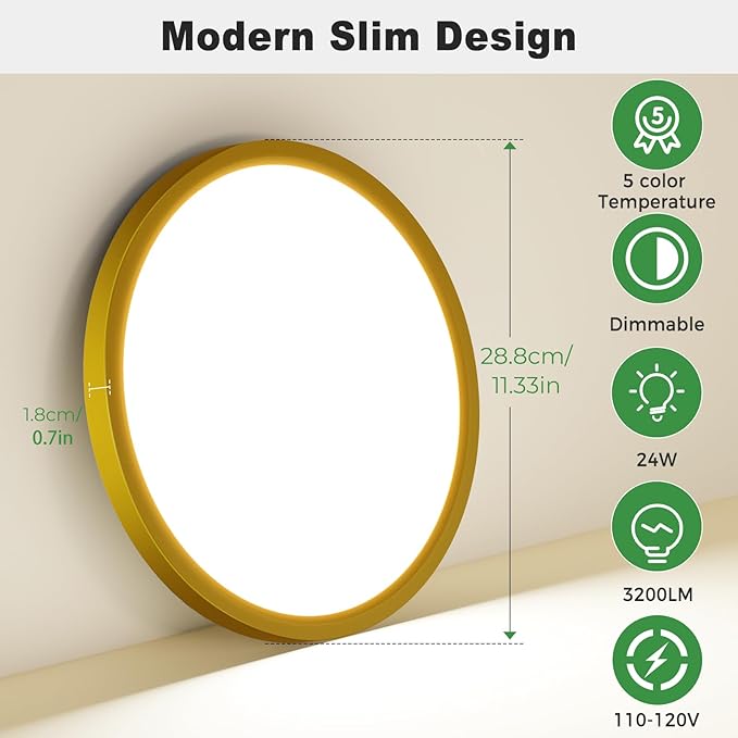 zemty 1Pack LED Flush Mount Ceiling Light, 12Inch 24W Dimmable Ceiling Lights Fixture, 5 Color Temperatures (3000K-6500K) Gold Round Ceiling Lamp for Bedroom, Kitchen, Hallway,Bathroom