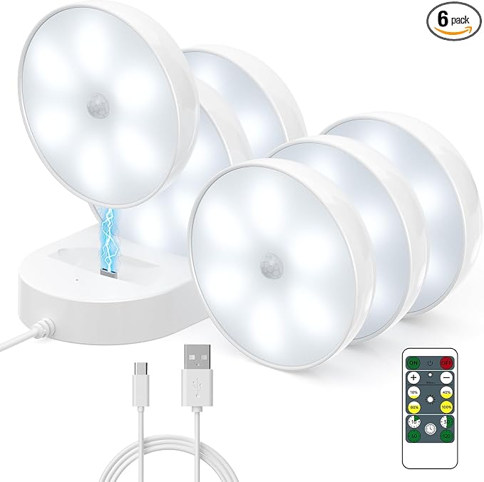 Motion Sensor Closet Lights, USB-C Rechargeable Under Cabinet Puck Lighting with Charge Station, Dimmable Battery Powered Step Lights for Kitchen, Stairs, Wardrobe
