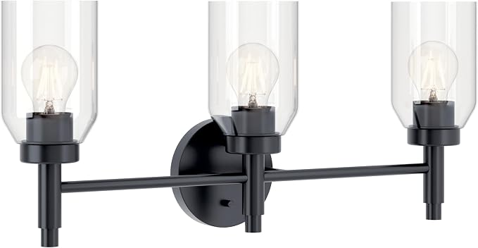 Kichler Madden 3-Light Bathroom Vanity Light, Black | Modern vanity light with clear glass for single bathroom mirrors (24" x 10.5"), 55185BK