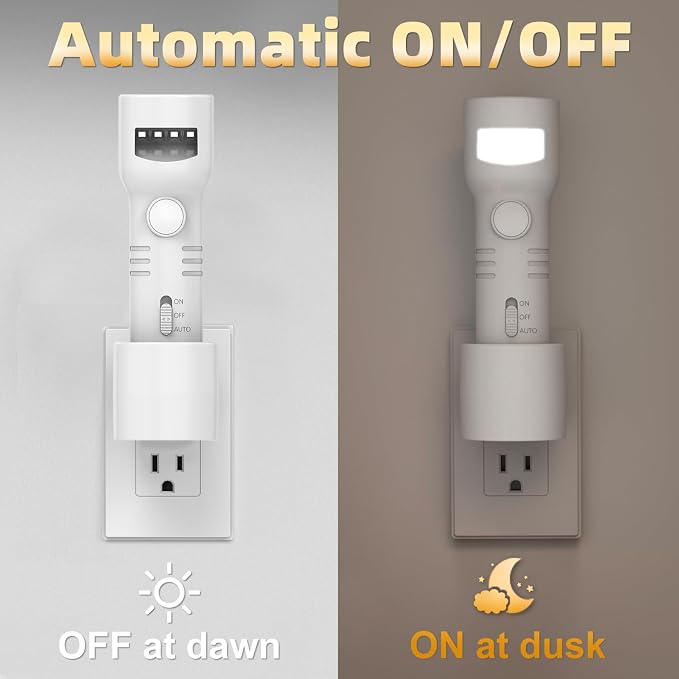 Plug-in LED Night Light Rechargeable Emergency Flashlight 2 Pack | 4-in-1 battery backup night light with a built-in motion sensor, automatically turning on during power outages