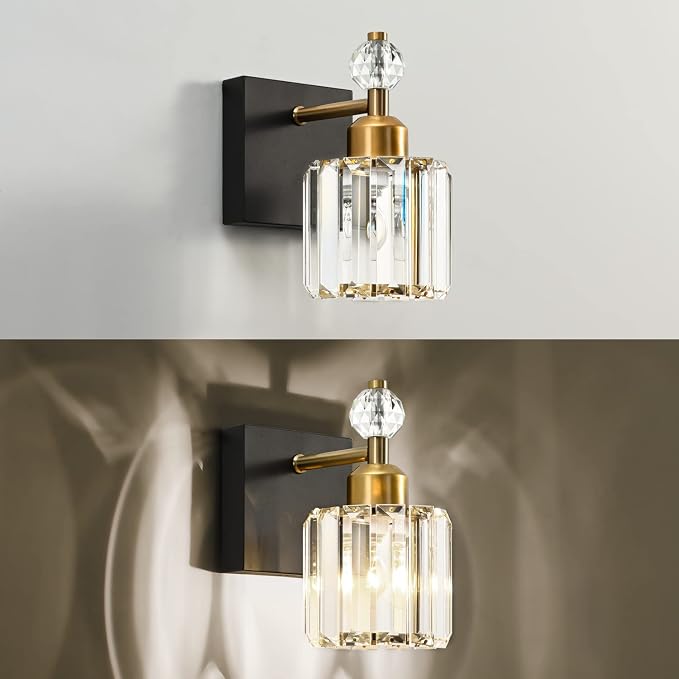 PRESDE 1-Light Bathroom Vanity Light, Modern Black and Gold Wall Sconce with Crystal Shade, Single Wall Lamp for Over Mirror Bedroom Hallway