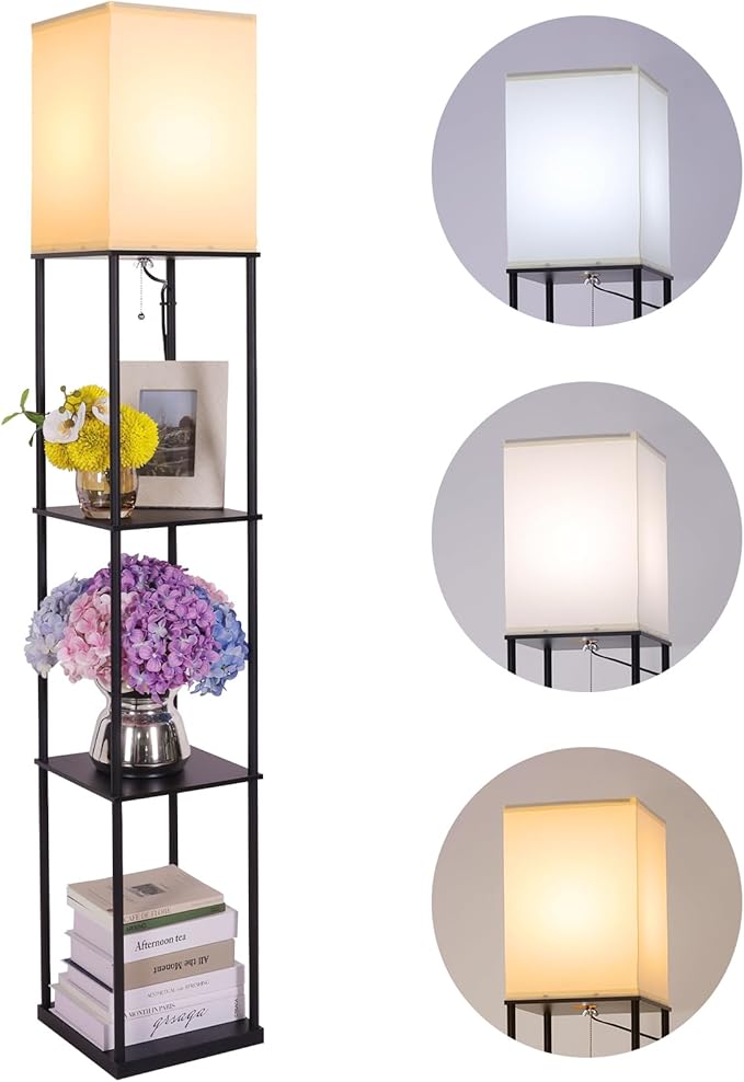 Floor Lamp with Shelves, Modern Square Standing Lamp with 3 Color Temperature Bulb, Corner Display Bookshelf Lamp for Living Room, Bedroom and Office (Black)
