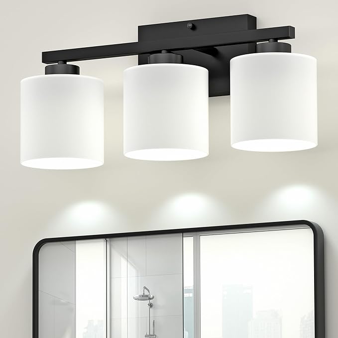 Honesorn Bathroom Light Fixtures Black, 3-Light Bathroom Vanity Light Over Mirror, Modern Vanity Lights for Bath Room with Frosted Shade & Anti-Rust Nickel Finished, E26 Base Lighting