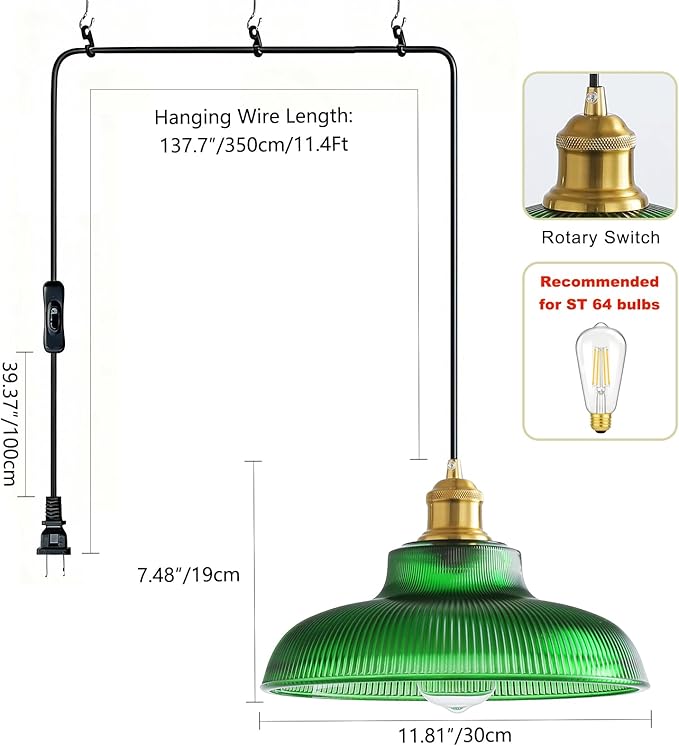 XZHGCEE Plug in Pendant Light: Hanging Light Plug in Green Glass Hanging Lamp, Pendant Lighting for Kitchen Island, Bedroom, Dining Room, Living Room, No Bulb