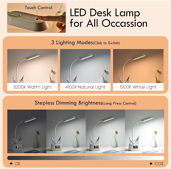 WILIT LED Desk Lamps for Home Office with Pen Holder, Table Lamp for Bedroom with USB Charging Port & Clock, RGB Night Light, Study Lamp for Kids Girls, Desk Light for College Dorm Room Essentials